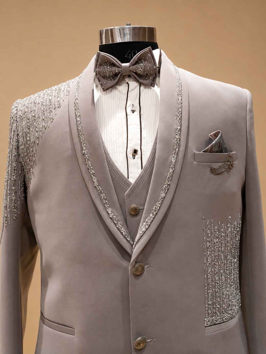 Luxury Ivory Embellished Three-Piece Suit for Men with Embroidered Shawl Lapel | Premium Wedding, Reception & Groom Formal Wear