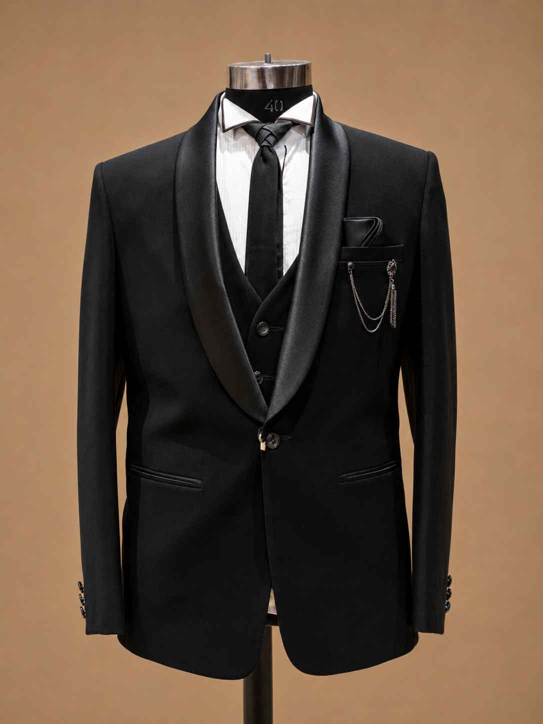 Luxury Black Three-Piece Tuxedo Suit for Men with Satin Shawl Lapel | Premium Wedding, Reception & Black-Tie Formal Wear