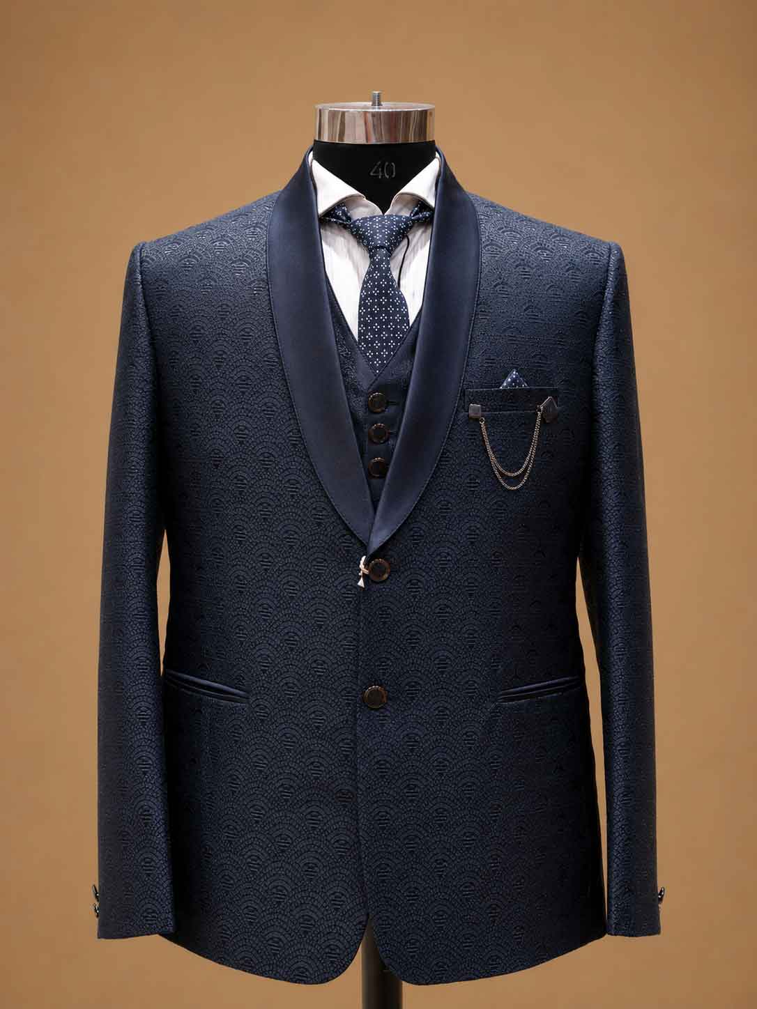 Luxury Navy Blue Jacquard Three-Piece Men's Suit with Satin Shawl Lapel | Designer Wedding Reception & Formal Party Wear Suit