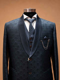 Luxury Navy Blue Jacquard Three-Piece Men's Suit with Satin Shawl Lapel | Designer Wedding Reception & Formal Party Wear Suit