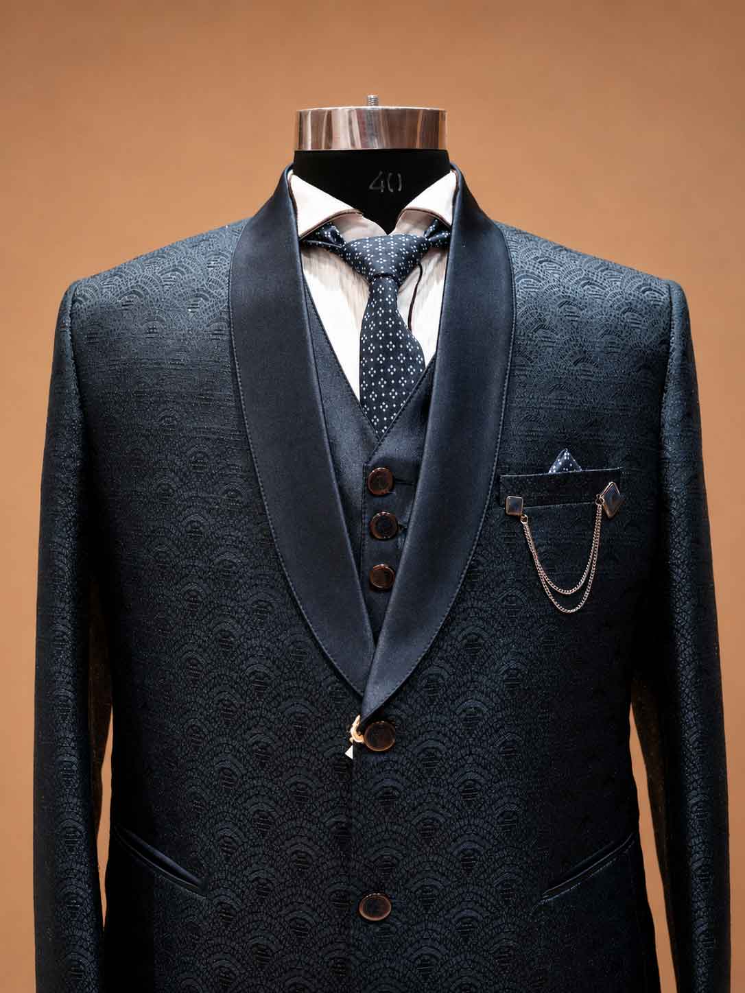 Luxury Navy Blue Jacquard Three-Piece Men's Suit with Satin Shawl Lapel | Designer Wedding Reception & Formal Party Wear Suit