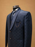 Luxury Navy Blue Jacquard Three-Piece Men's Suit with Satin Shawl Lapel | Designer Wedding Reception & Formal Party Wear Suit
