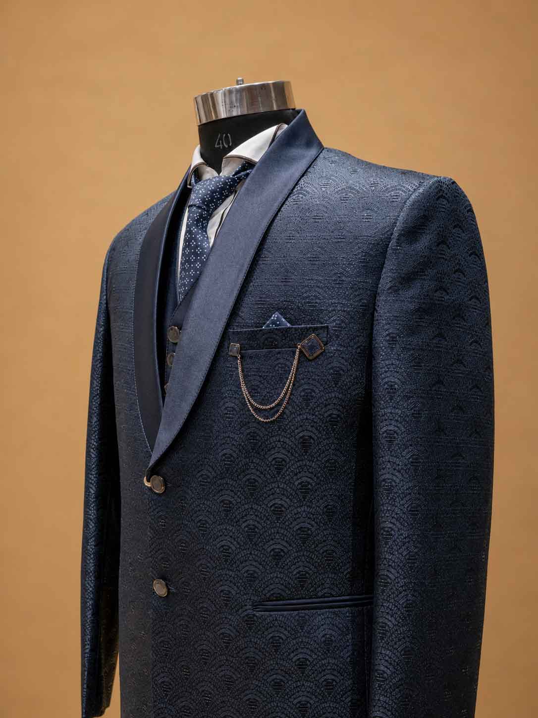 Luxury Navy Blue Jacquard Three-Piece Men's Suit with Satin Shawl Lapel | Designer Wedding Reception & Formal Party Wear Suit