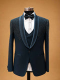 Luxury Midnight Blue Designer Tuxedo Suit for Men with Embellished Shoulders | Premium Wedding Reception & Black Tie Formal Suit