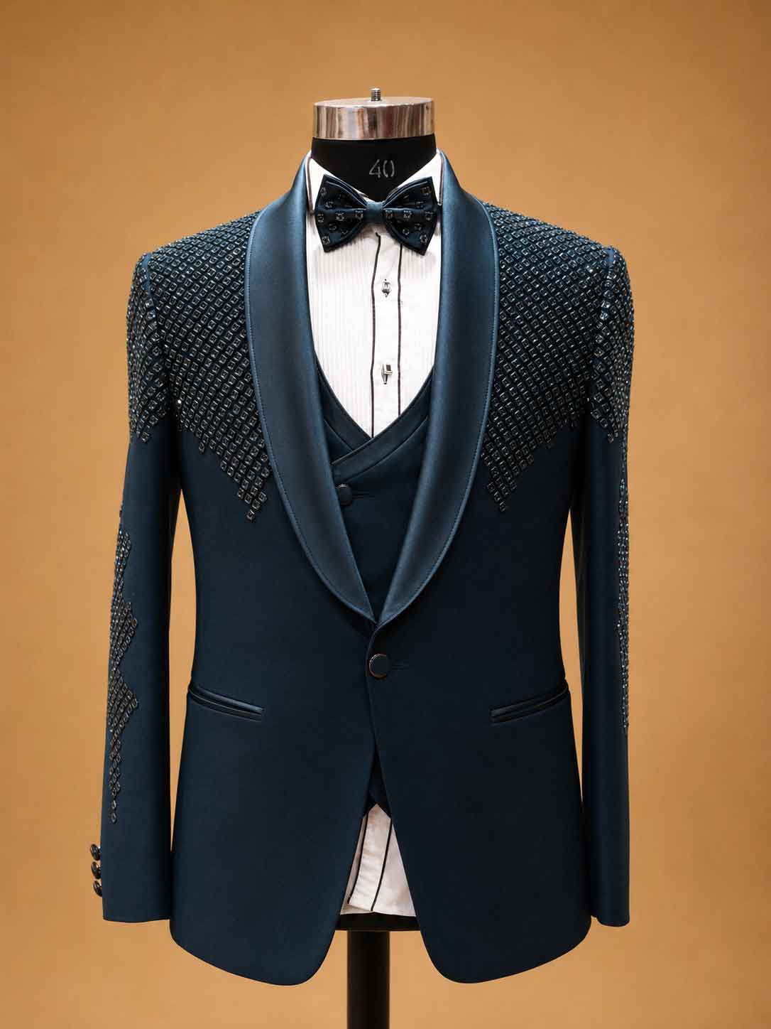 Luxury Midnight Blue Designer Tuxedo Suit for Men with Embellished Shoulders | Premium Wedding Reception & Black Tie Formal Suit