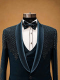 Luxury Midnight Blue Designer Tuxedo Suit for Men with Embellished Shoulders | Premium Wedding Reception & Black Tie Formal Suit