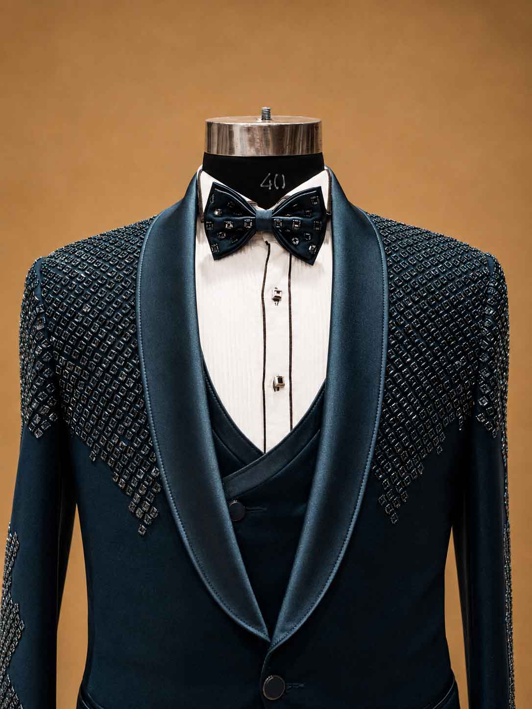 Luxury Midnight Blue Designer Tuxedo Suit for Men with Embellished Shoulders | Premium Wedding Reception & Black Tie Formal Suit