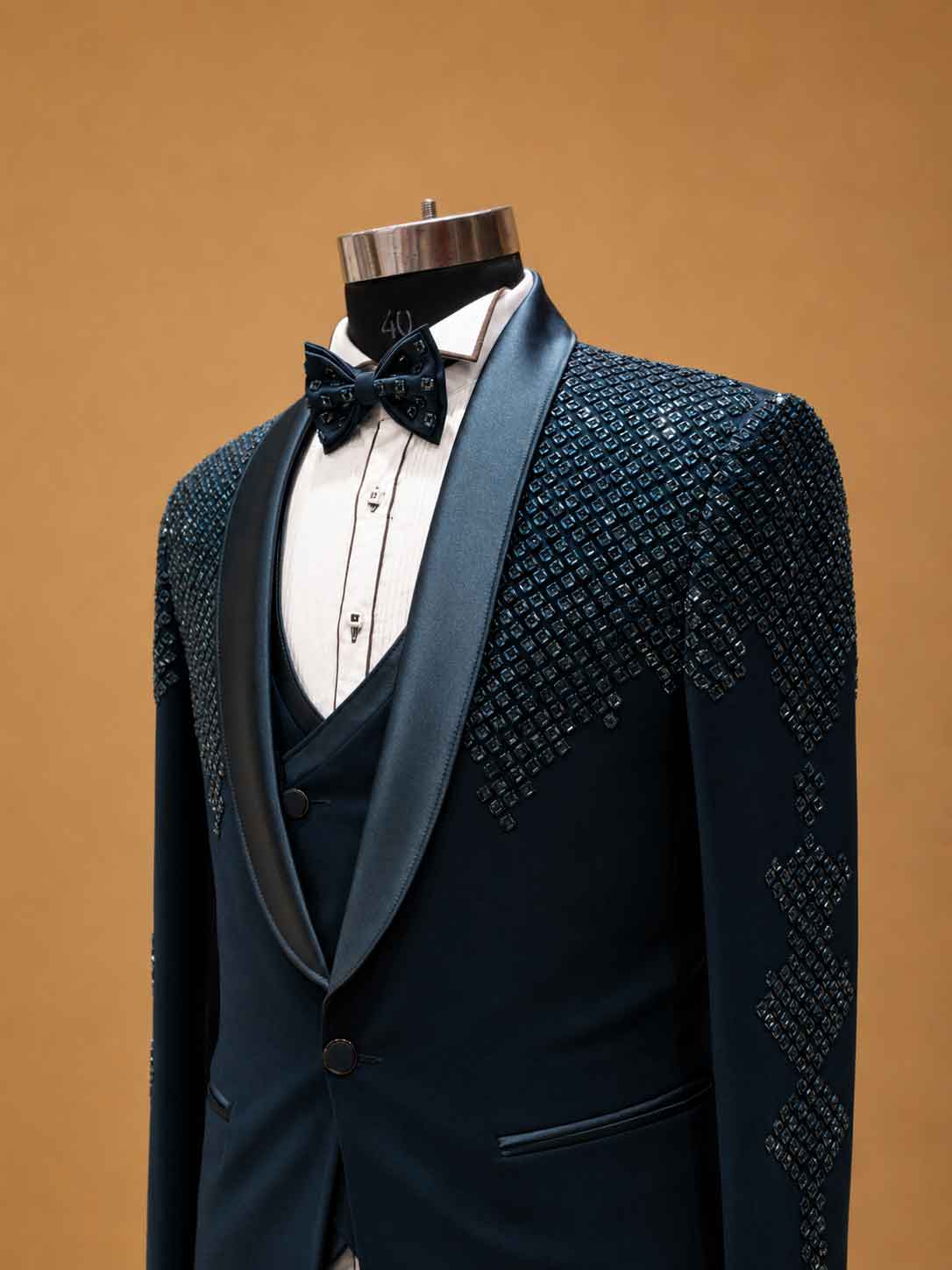Luxury Midnight Blue Designer Tuxedo Suit for Men with Embellished Shoulders | Premium Wedding Reception & Black Tie Formal Suit