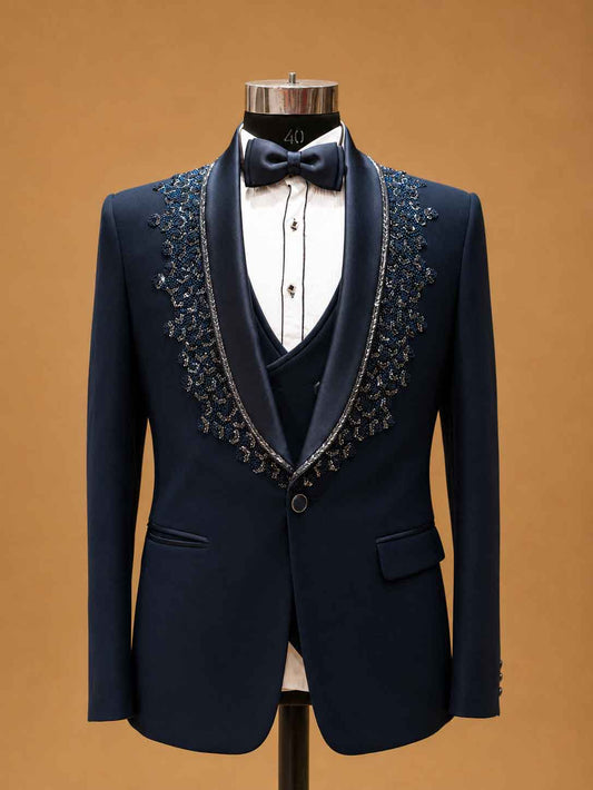 Luxury Midnight Blue Velvet Embellished Tuxedo Suit for Men with Satin Peak Lapel | Premium Wedding,… - view 2
