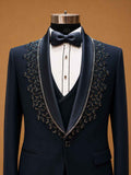 Luxury Midnight Blue Velvet Embellished Tuxedo Suit for Men with Satin Peak Lapel | Premium Wedding, Reception & Black-Tie Formal Wear
