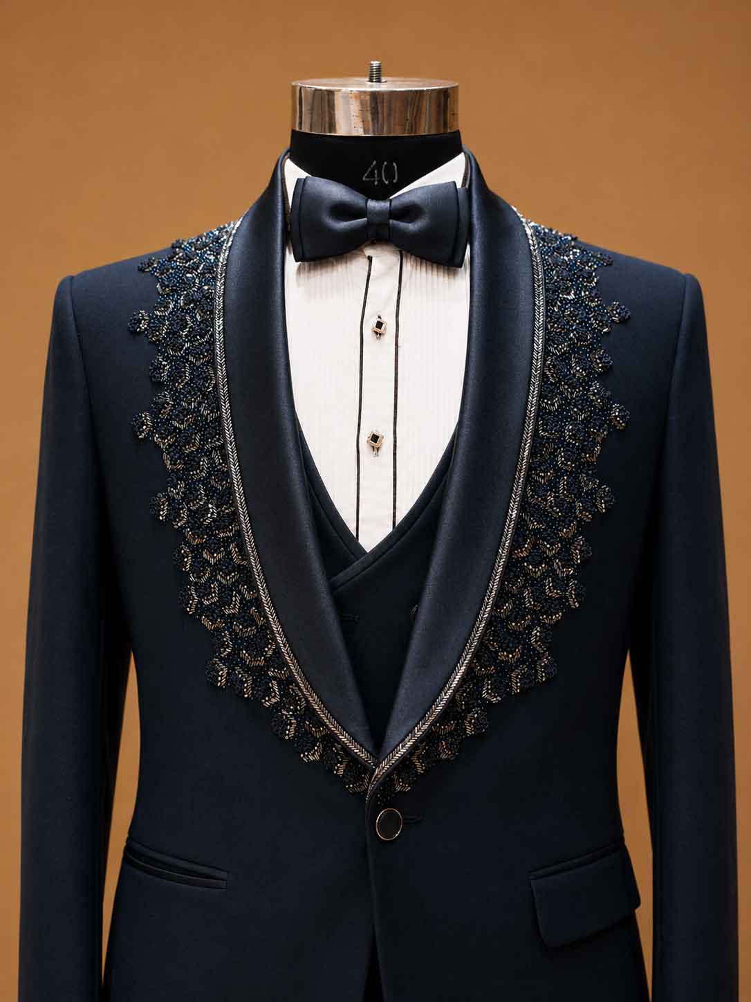 Luxury Midnight Blue Velvet Embellished Tuxedo Suit for Men with Satin Peak Lapel | Premium Wedding, Reception & Black-Tie Formal Wear
