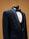 Luxury Midnight Blue Velvet Embellished Tuxedo Suit for Men with Satin Peak Lapel | Premium Wedding, Reception & Black-Tie Formal Wear