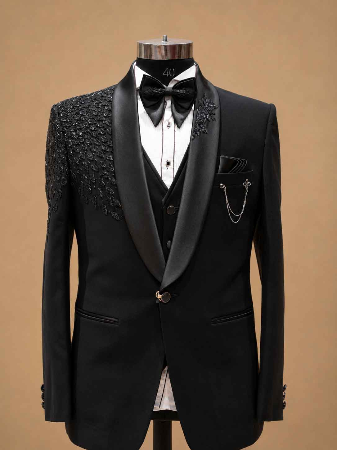 Luxury Black Designer Tuxedo Suit for Men with Embellished Shawl Lapel | Premium Wedding Reception & Black Tie Formal Suit