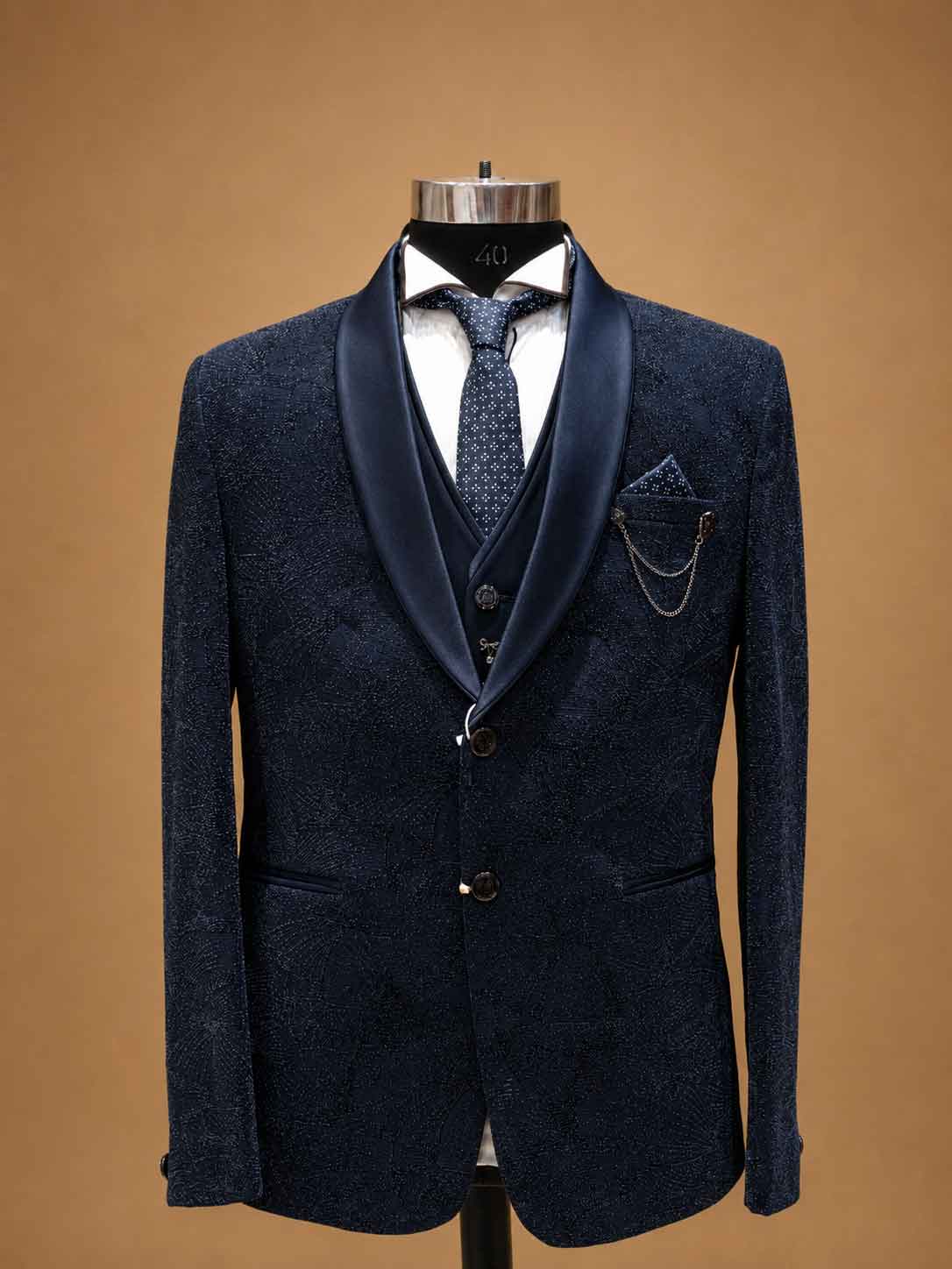 Luxury Navy Blue Designer Three-Piece Suit for Men with Satin Shawl Lapel | Premium Wedding Reception & Formal Party Wear Suit