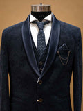 Luxury Navy Blue Designer Three-Piece Suit for Men with Satin Shawl Lapel | Premium Wedding Reception & Formal Party Wear Suit