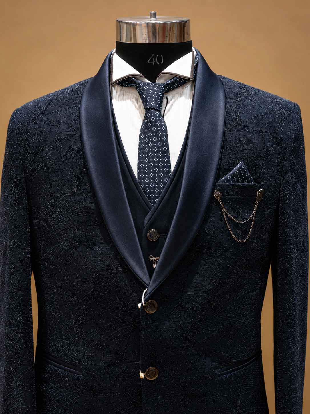Luxury Navy Blue Designer Three-Piece Suit for Men with Satin Shawl Lapel | Premium Wedding Reception & Formal Party Wear Suit