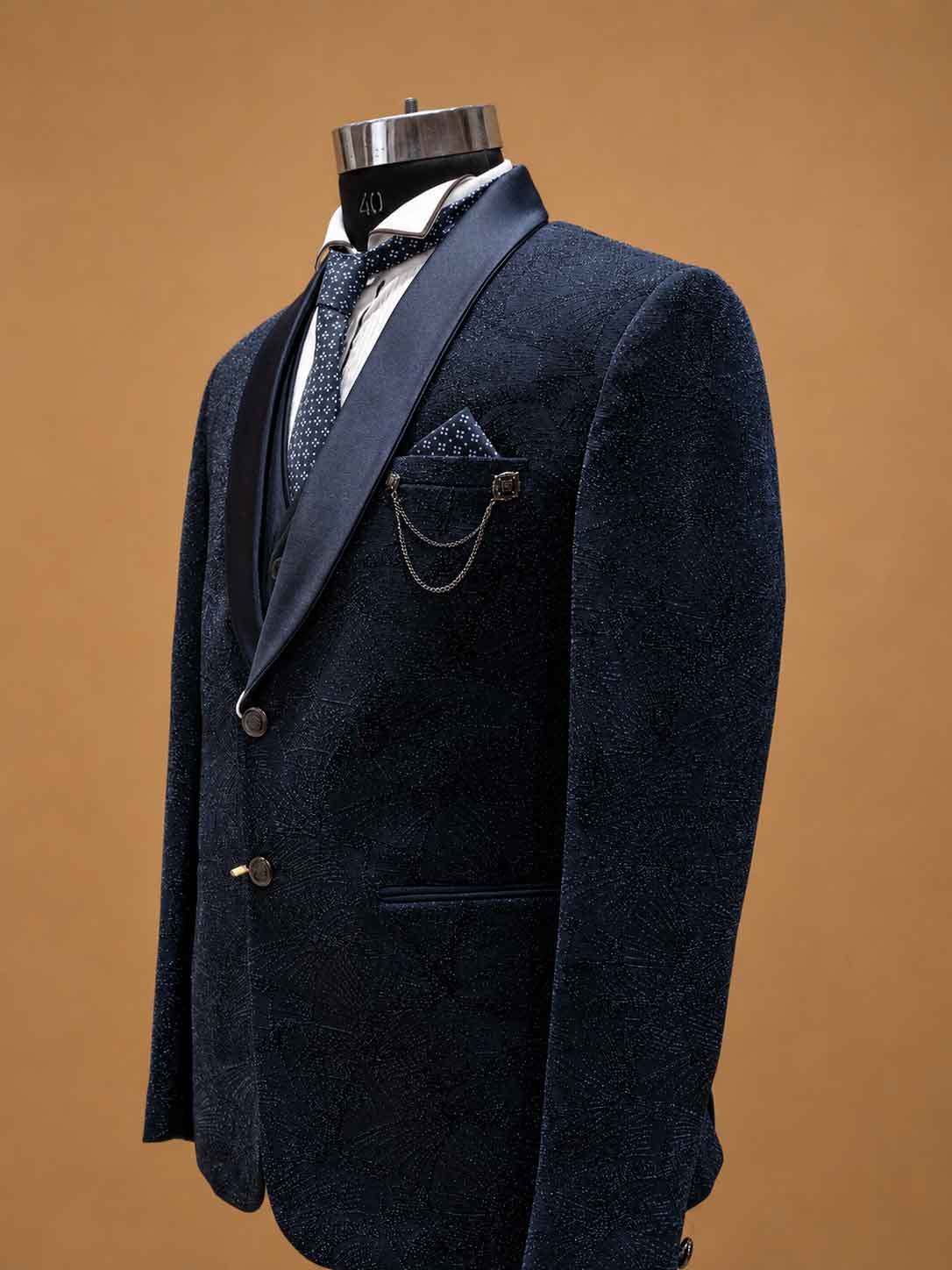Luxury Navy Blue Designer Three-Piece Suit for Men with Satin Shawl Lapel | Premium Wedding Reception & Formal Party Wear Suit