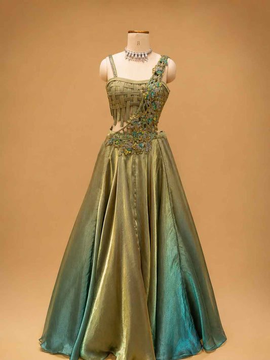 Olive green designer draped gown - view 2