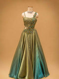 Olive Green Designer Draped Gown with Organza Ruffle Drape & Floral Embellishments