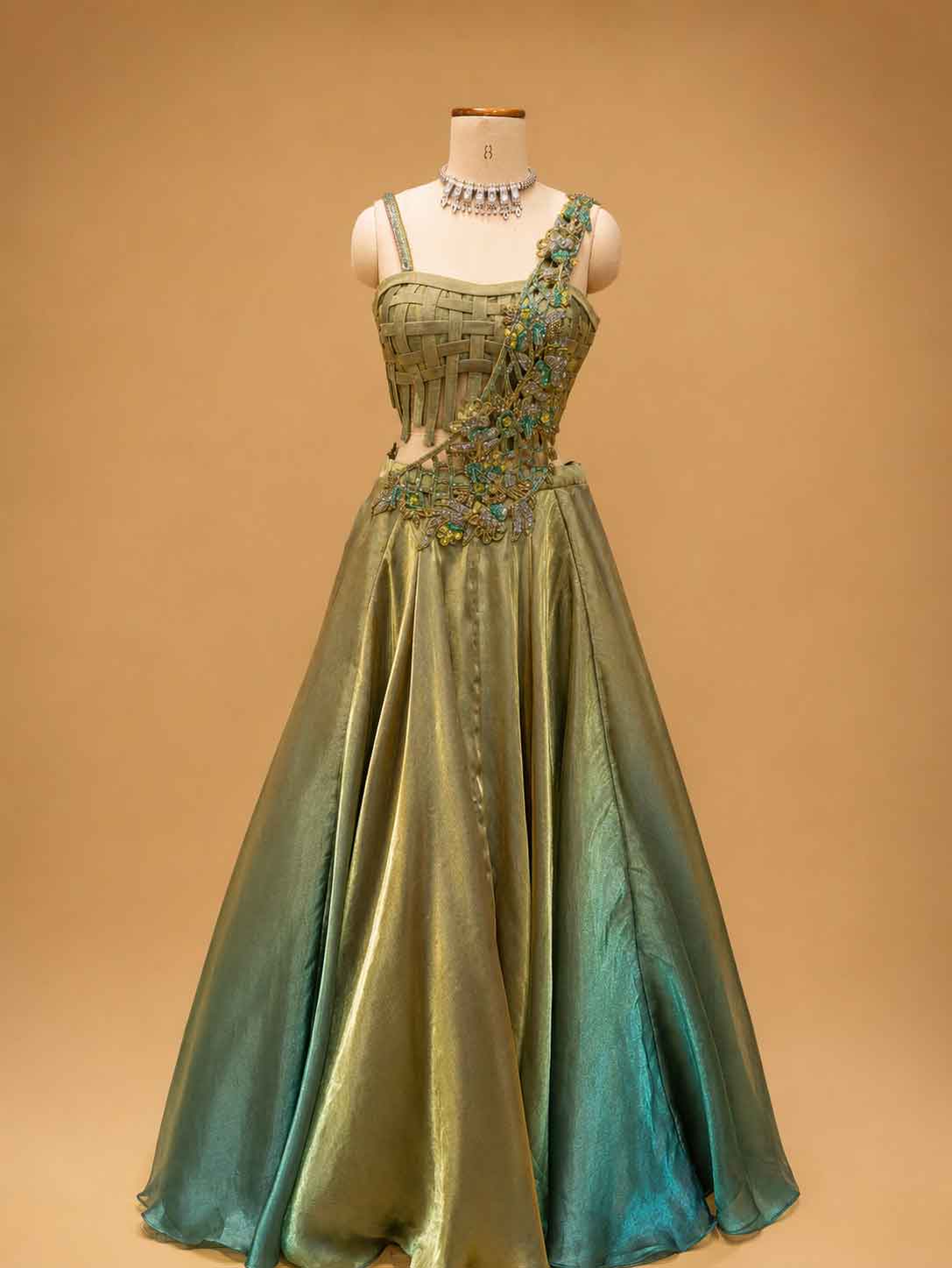 Olive Green Designer Draped Gown with Organza Ruffle Drape & Floral Embellishments