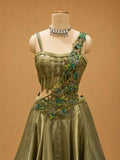 Olive Green Designer Draped Gown with Organza Ruffle Drape & Floral Embellishments