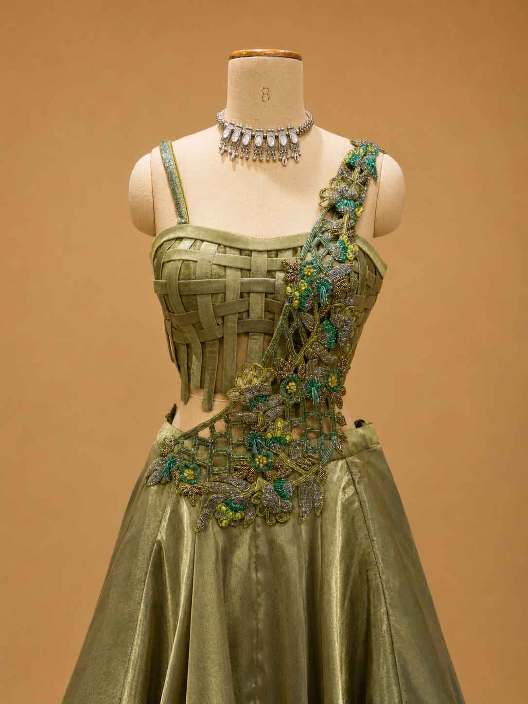 Olive Green Designer Draped Gown with Organza Ruffle Drape & Floral Embellishments