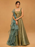 Olive Green Designer Draped Gown with Organza Ruffle Drape & Floral Embellishments