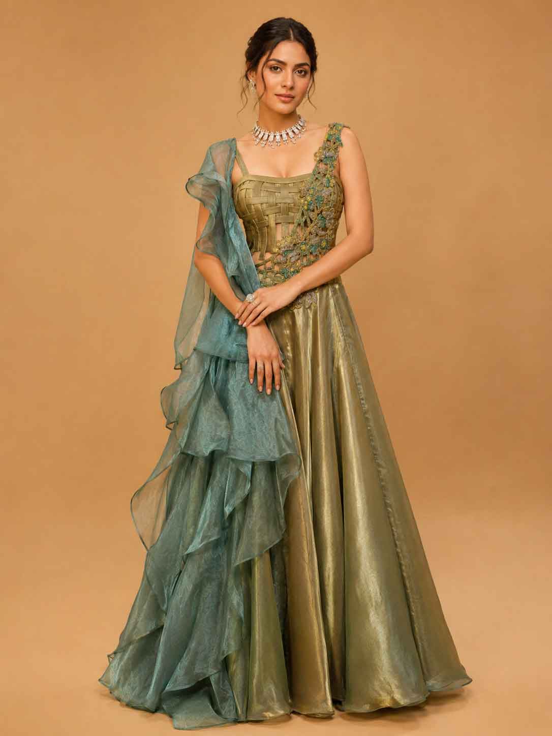 Olive Green Designer Draped Gown with Organza Ruffle Drape & Floral Embellishments