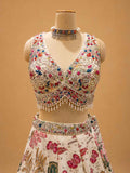 Ivory Floral Printed Designer Lehenga Set with Embroidered Sleeveless Blouse & Dupatta