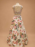 Ivory Floral Printed Designer Lehenga Set with Embroidered Sleeveless Blouse & Dupatta
