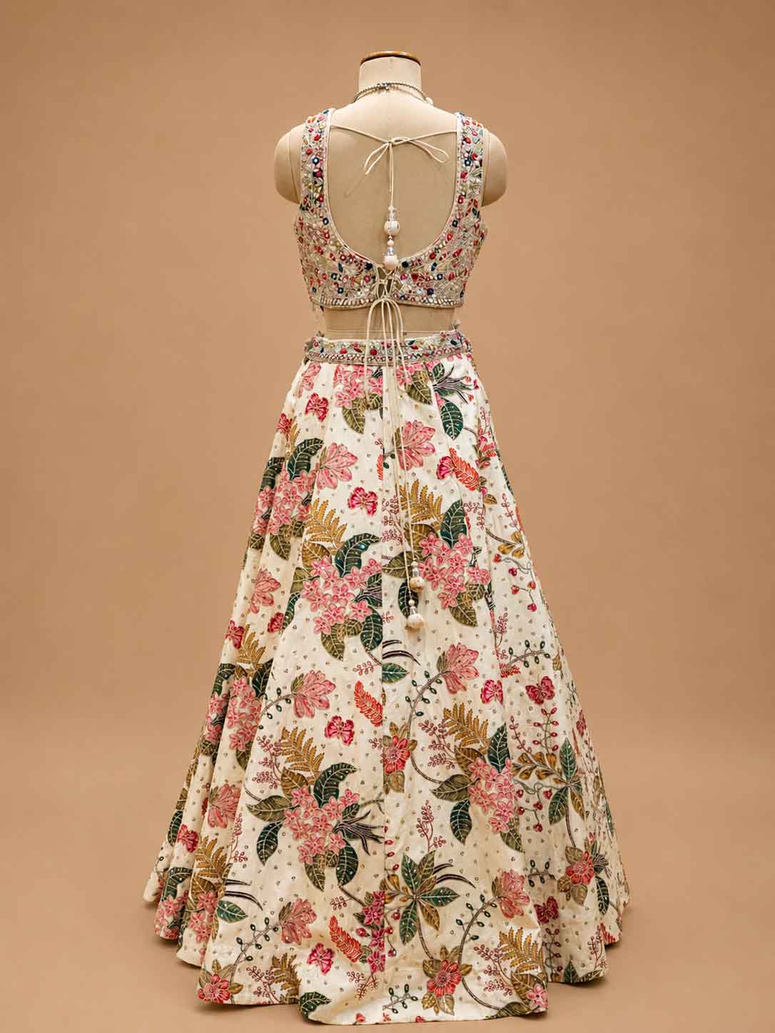 Ivory Floral Printed Designer Lehenga Set with Embroidered Sleeveless Blouse & Dupatta
