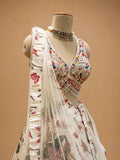 Ivory Floral Printed Designer Lehenga Set with Embroidered Sleeveless Blouse & Dupatta