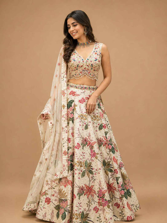 Ivory Floral Printed Designer Lehenga Set with Embroidered Sleeveless Blouse & Dupatta