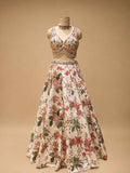 Ivory Floral Printed Designer Lehenga Set with Embroidered Sleeveless Blouse & Dupatta