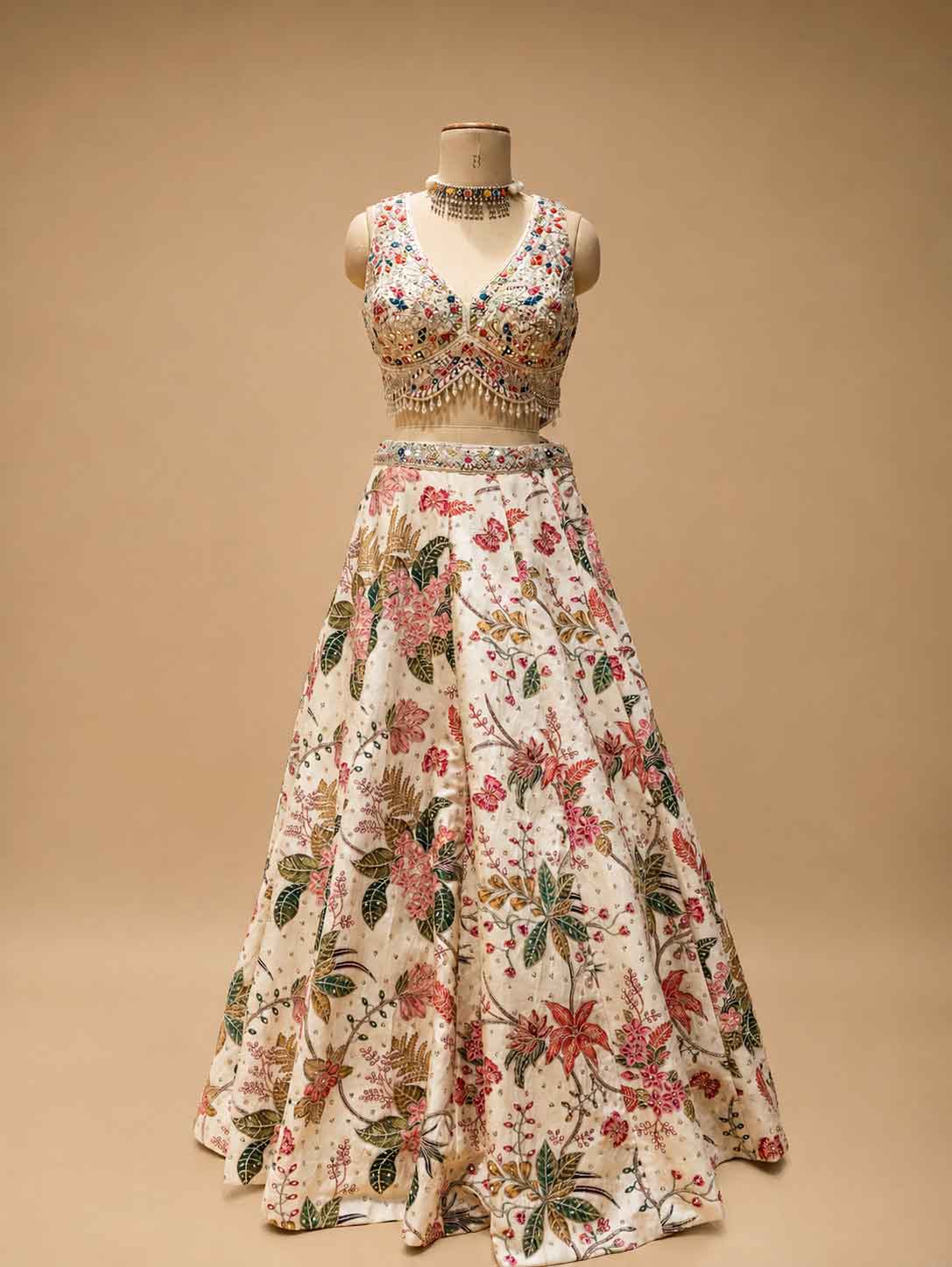Ivory Floral Printed Designer Lehenga Set with Embroidered Sleeveless Blouse & Dupatta