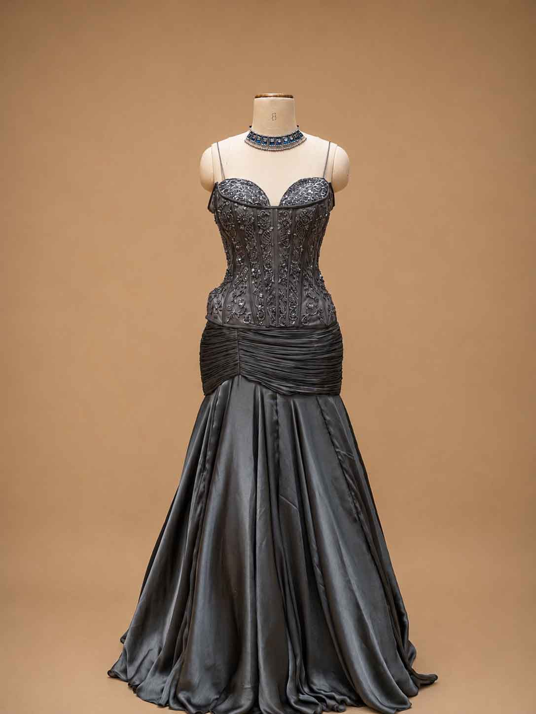 Charcoal Grey Embroidered Mermaid Evening Gown with Cape Sleeves