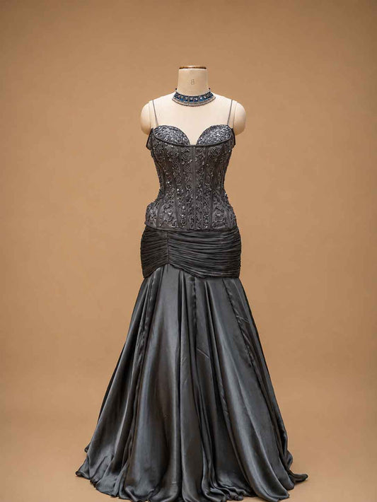 Charcoal grey embroidered mermaid evening gown - view 2