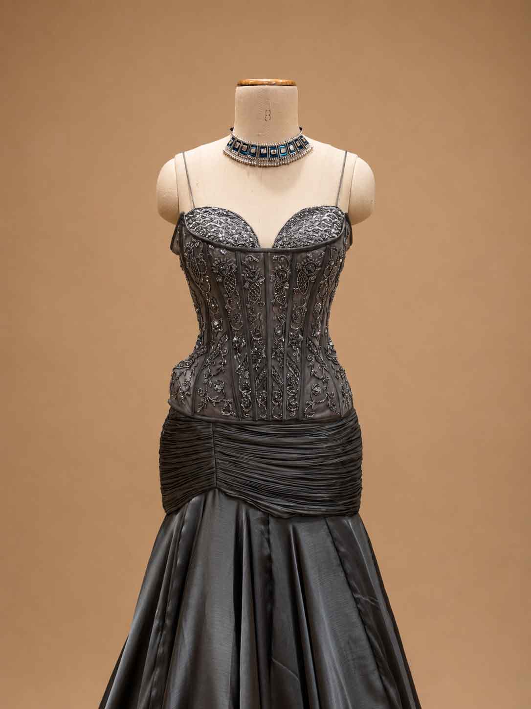 Charcoal Grey Embroidered Mermaid Evening Gown with Cape Sleeves