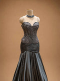 Charcoal Grey Embroidered Mermaid Evening Gown with Cape Sleeves