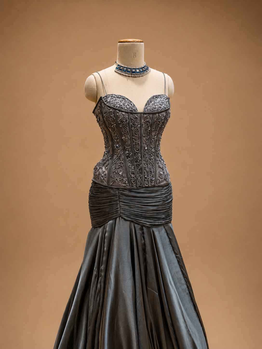 Charcoal Grey Embroidered Mermaid Evening Gown with Cape Sleeves