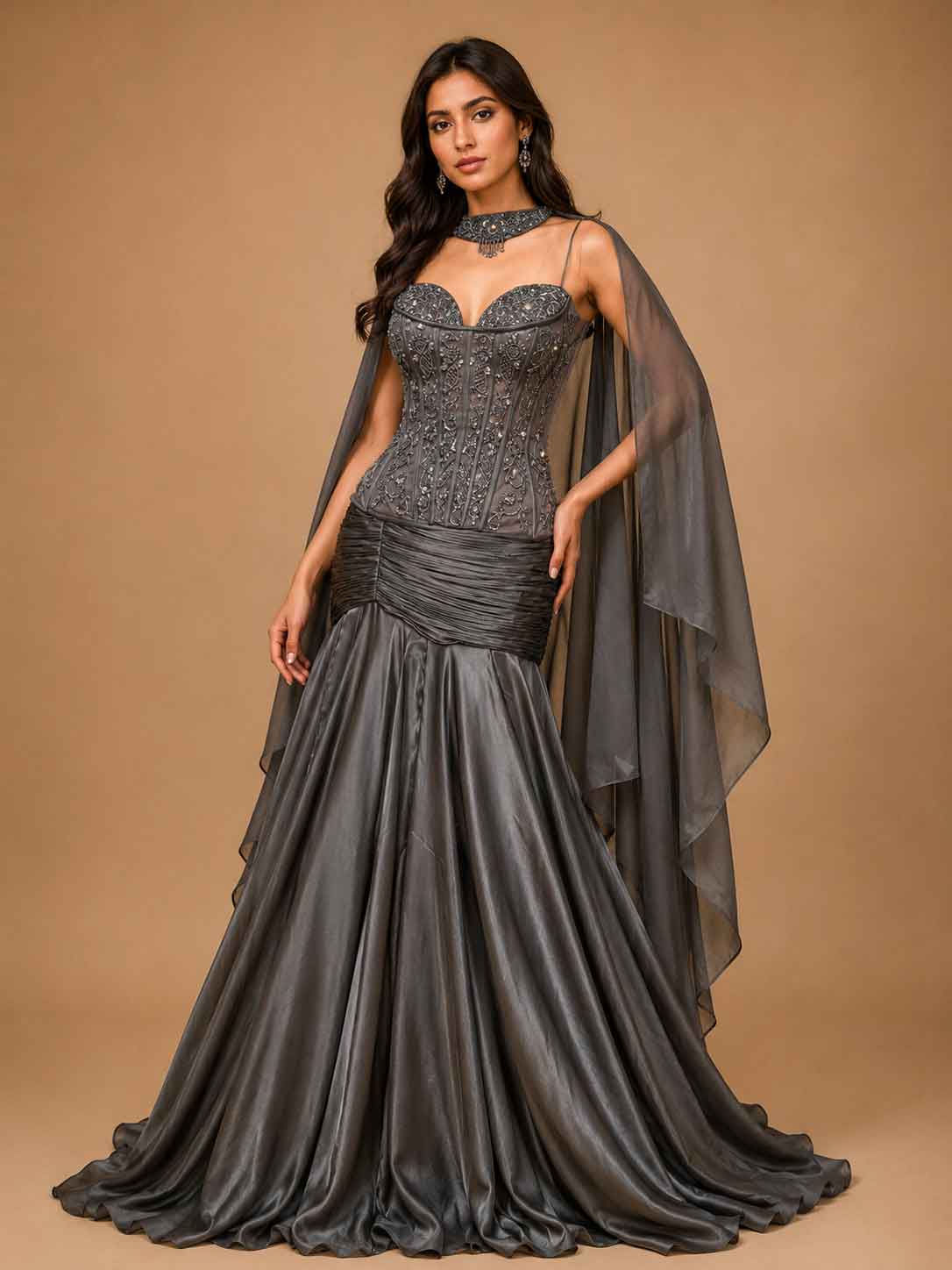 Charcoal Grey Embroidered Mermaid Evening Gown with Cape Sleeves
