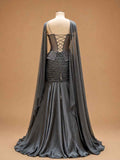 Charcoal Grey Embroidered Mermaid Evening Gown with Cape Sleeves