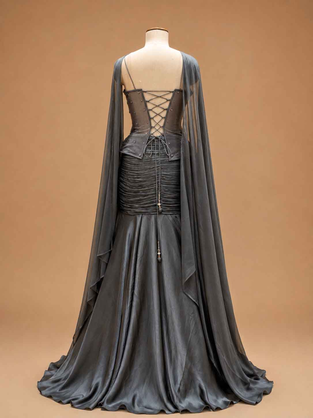 Charcoal Grey Embroidered Mermaid Evening Gown with Cape Sleeves