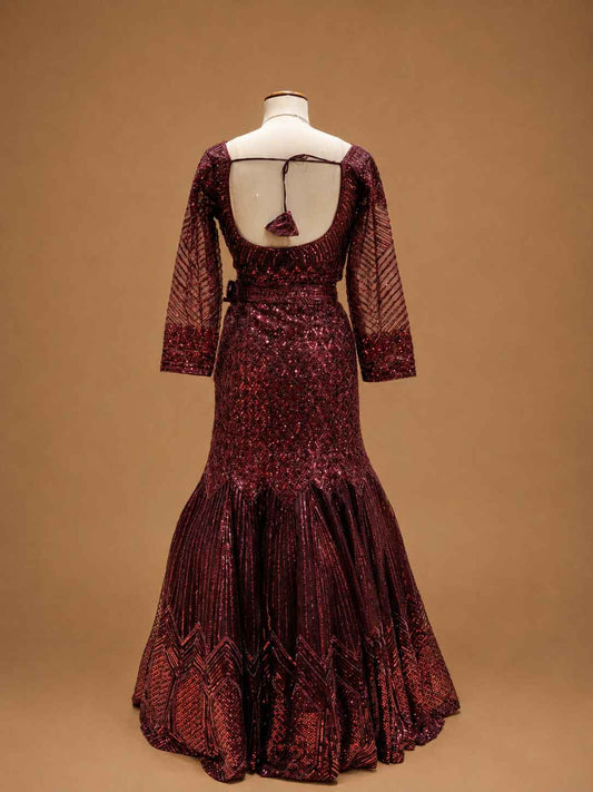 Wine sequin embroidered mermaid gown - view 2