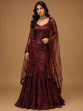 Wine Sequin Embroidered Mermaid Gown with Sheer Net Drape