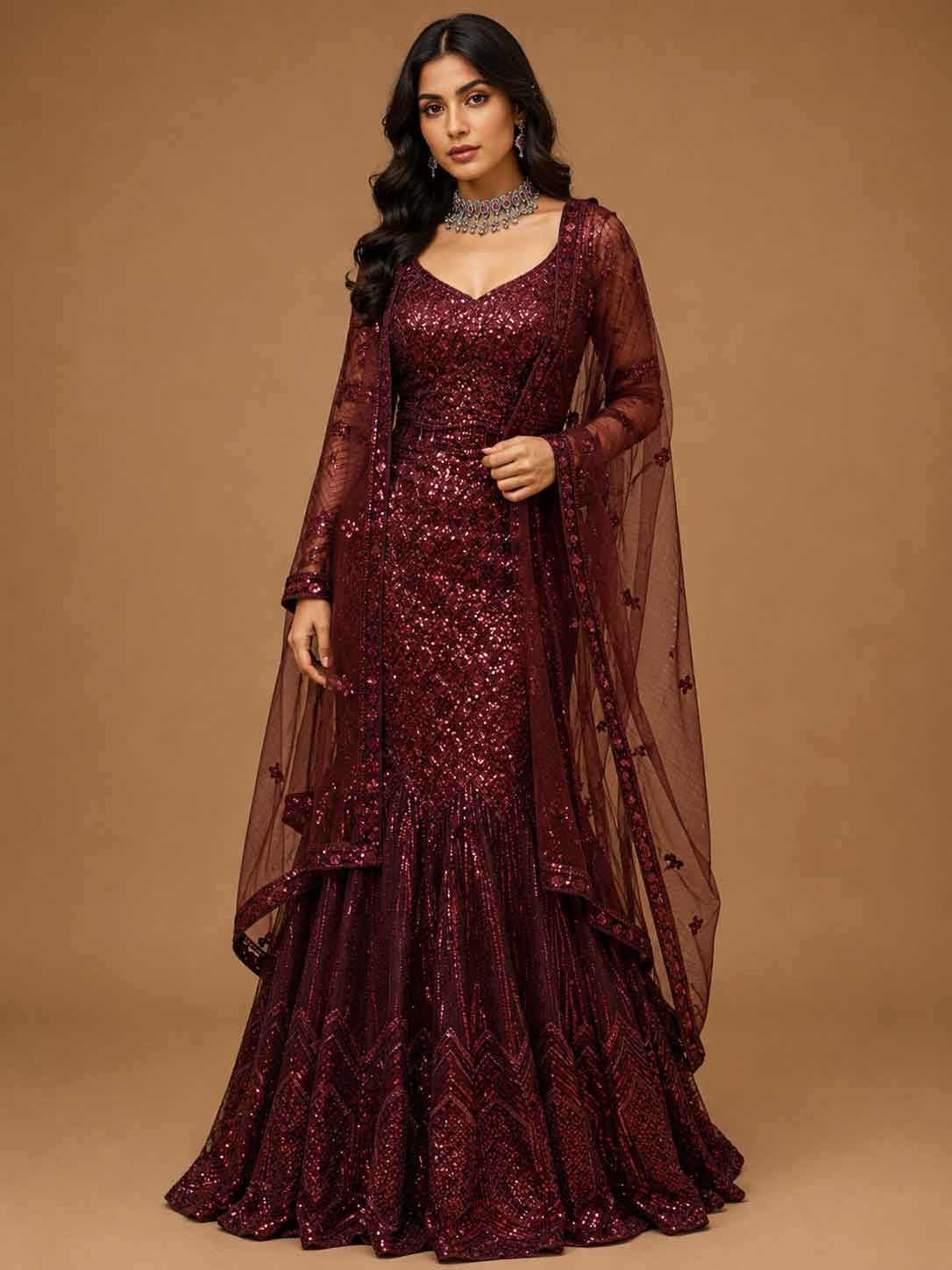 Wine Sequin Embroidered Mermaid Gown with Sheer Net Drape