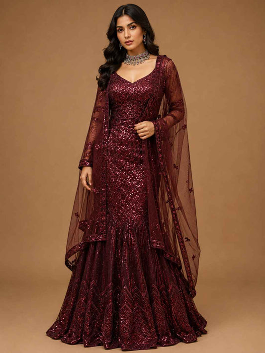 Wine Sequin Embroidered Mermaid Gown with Sheer Net Drape
