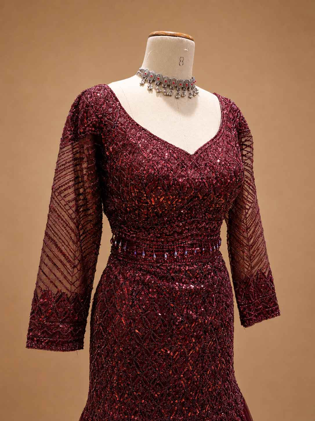 Wine Sequin Embroidered Mermaid Gown with Sheer Net Drape
