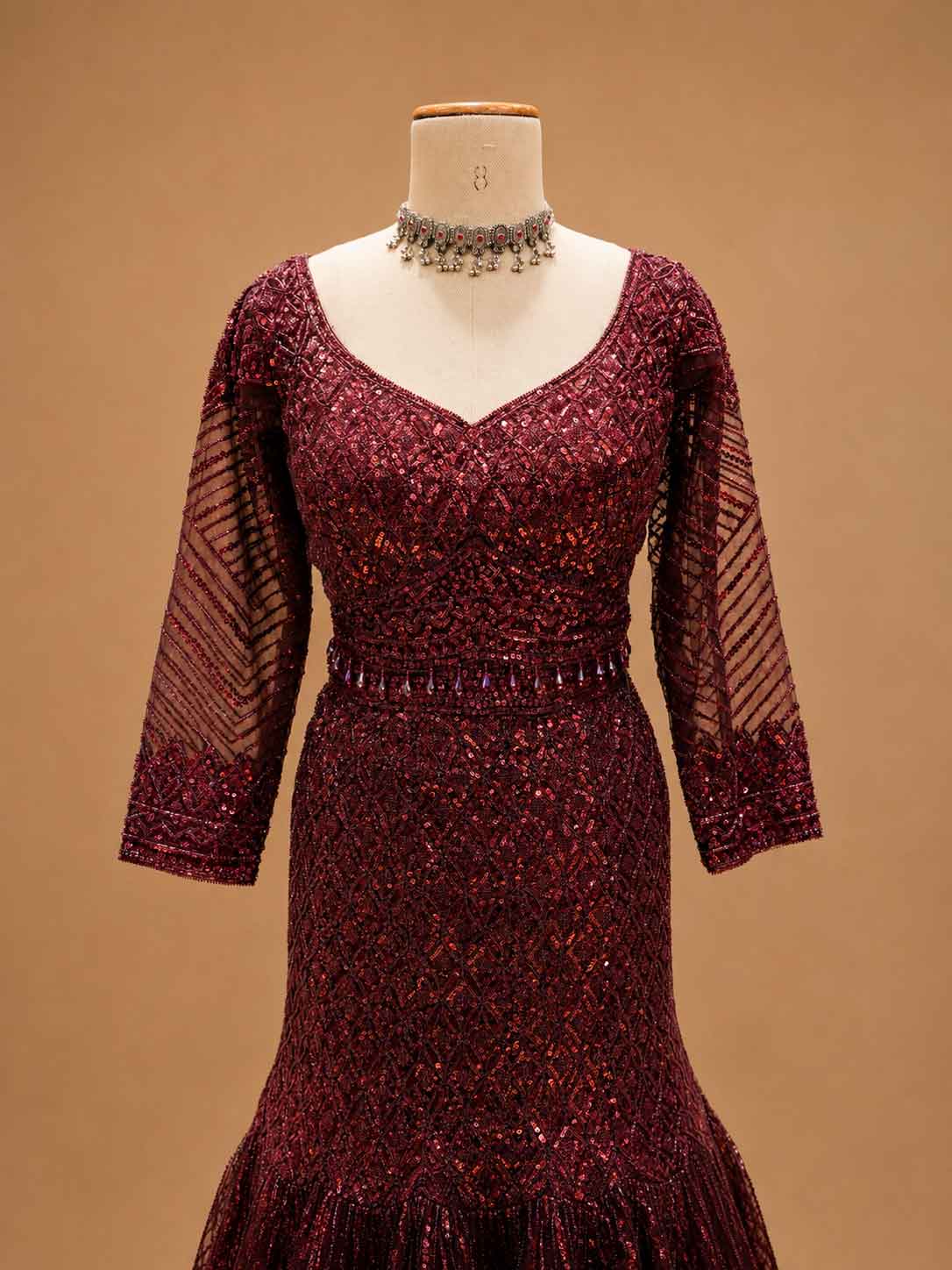 Wine Sequin Embroidered Mermaid Gown with Sheer Net Drape