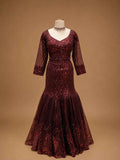 Wine Sequin Embroidered Mermaid Gown with Sheer Net Drape